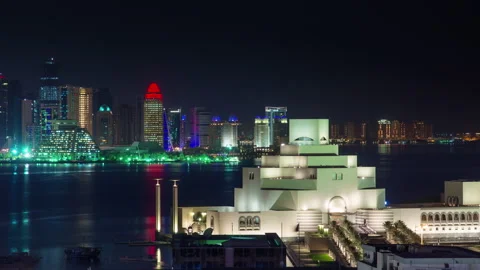 Doha timelapse video night lights skycreapers downtown Qatar, Middle East Stock Footage 238975693