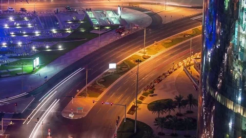 Doha view down timelapse video crossroad intersection night lights skycreapers 스톡 동영상 85405328