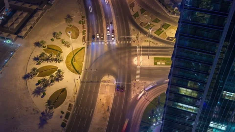 Doha view down timelapse video crossroad intersection night lights skycreapers Stock Footage 241915968