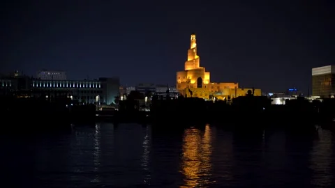 Doha Waterfront Night View and Water Reflection Qatar Stock Footage 339226920