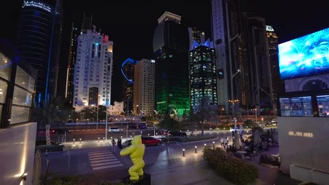 Doha West Bay Skyline and Street Scene at Night Stock Footage 337044105
