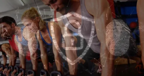 Doing class in tanks training with kettlebells at gym, as static glitch showing Stock Footage 332316391