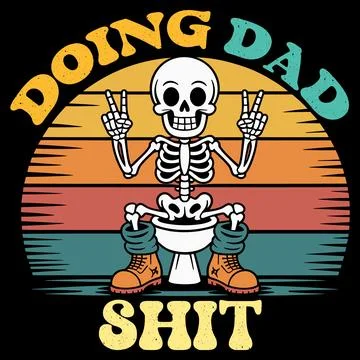 Doing Dad Shit Retro Vector Funny Skeleton On Toilet Vintage Sunset Graphic Stock Illustration
