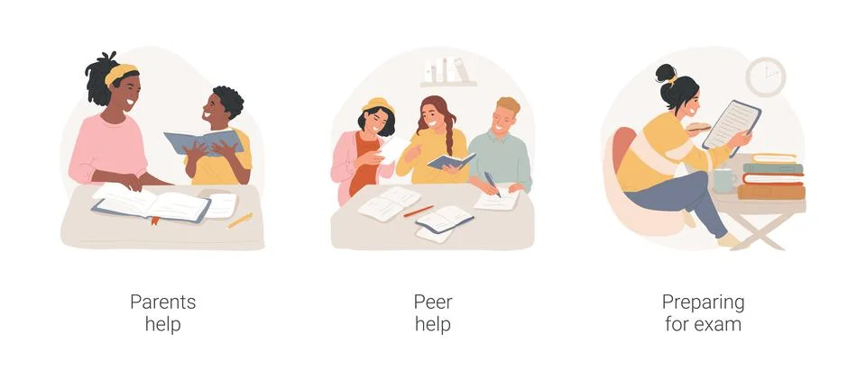 Doing homework isolated cartoon vector illustration set. Stock Illustration