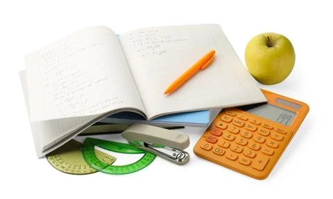 Doing homework. Notebook with math assignment, apple and stationery isolate.. Stock Photos