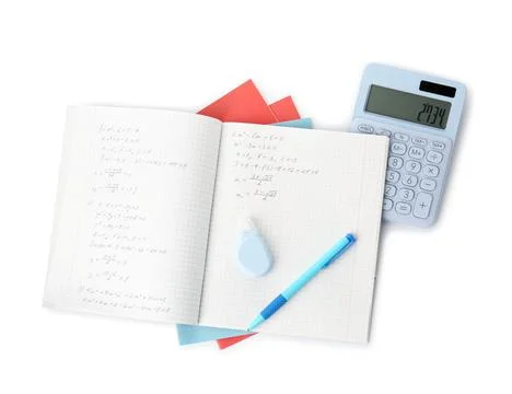 Doing homework. Notebook with math assignment and stationery on white backg.. Stock Photos