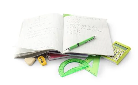 Doing homework. Notebook with math assignment and stationery on white backg.. Stock Photos
