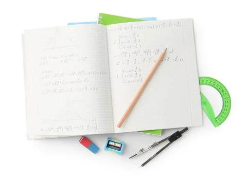 Doing homework. Notebook with math assignment and stationery on white backg.. Stock Photos