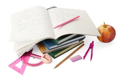 Doing homework. Notebook with math assignment, apple and stationery isolate.. Stock Photos