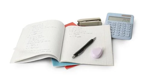 Doing homework. Notebook with math assignment and stationery on white backg.. Stock Photos