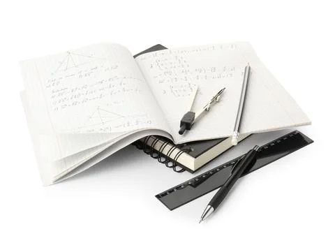 Doing homework. Notebook with math assignment and stationery on white backg.. Stock Photos