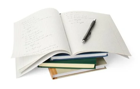 Doing homework. Notebook with math assignment, pen and books isolated on whit Stock Photos