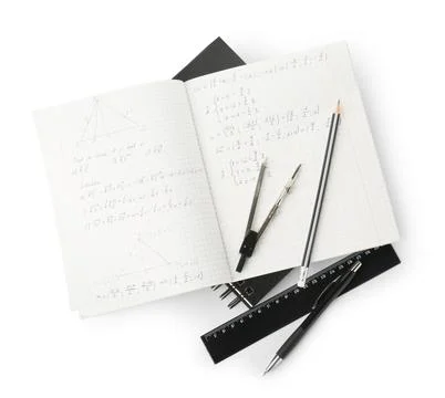 Doing homework. Notebook with math assignment and stationery on white backg.. Stock Photos