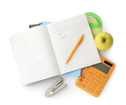 Doing homework. Notebook with math assignment, apple and stationery on whit.. Stock Photos