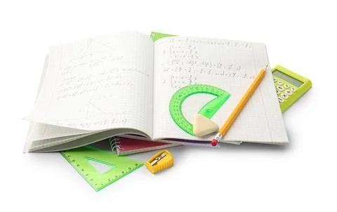 Doing homework. Notebook with math assignment and stationery on white backg.. Stock Photos