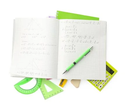 Doing homework. Notebook with math assignment and stationery on white backg.. Stock Photos
