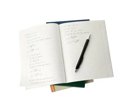 Doing homework. Notebook with math assignment, pen and books isolated on wh.. Stock Photos