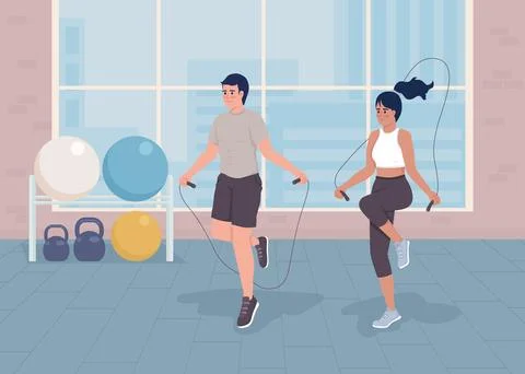 Doing jumping rope workout flat color vector illustration Stock Illustration