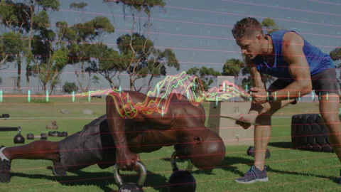 Doing kettlebell push-ups, man with trainer and animation of data analysis 動画素材 305030272