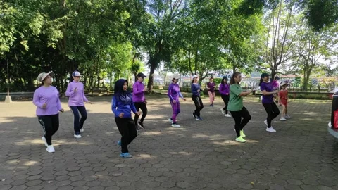 Doing line dance in a park Stock Footage 286918573