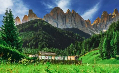 Doing luandry with a view on Dolomites 스톡 사진