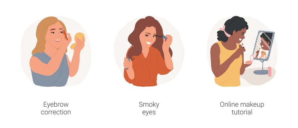 Doing makeup isolated cartoon vector illustration set. Stock Illustration