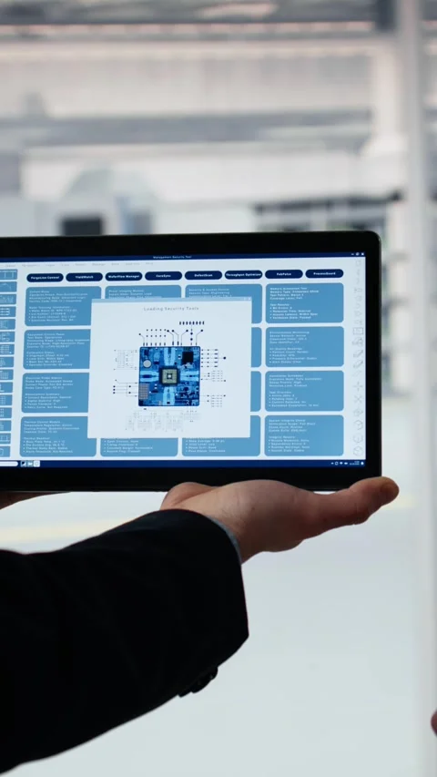 Doing microchips yield enhancement, tablet and senior manager with worker Stock Footage 335883678