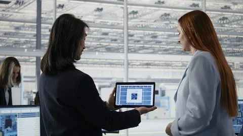 Doing microchips yield enhancement, tablet and senior manager with worker Stock Photos