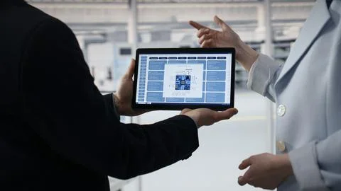 Doing microchips yield enhancement, tablet and senior manager with worker Stock Photos