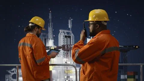Doing radio coordination, embargo and engineering team on drilling barge Stock Photos