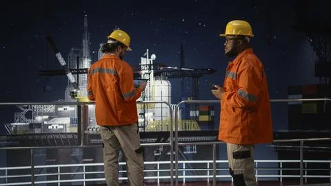 Doing radio coordination, embargo and engineering team on drilling barge Stock Photos