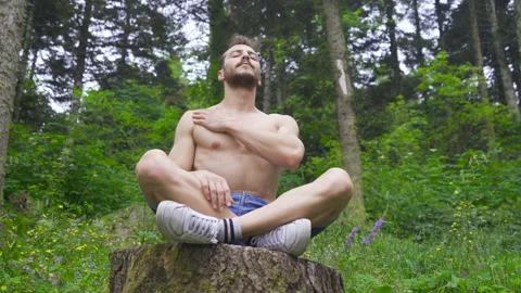 Doing relaxing moves in the forest. Stock Footage 212375645