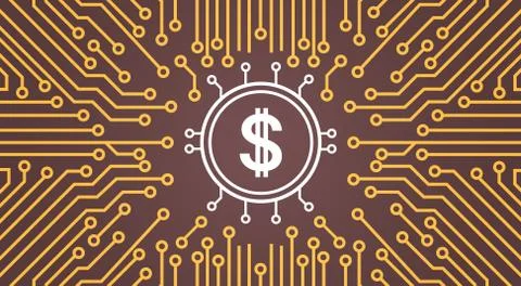 Dolar Sign Over Computer Chip Moterboard Backgroung Network Data Center System Stock Illustration