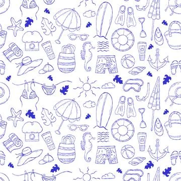 Dolce vita. Seamless pattern with beach vacation on white background. Medit.. Illustrazione stock