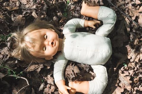 The doll abandoned in the forest. Stock Photos