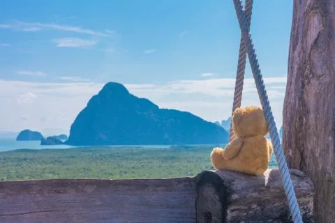 A doll bear Sitting on the swing Foto stock