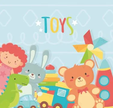 Doll bunny bear dinosaur rocket train car toys Stock Illustration