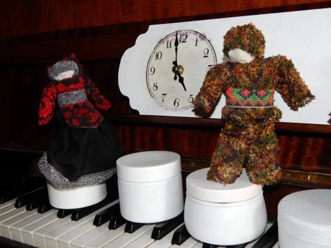 Doll handmade and retro objects composition Stock Photos