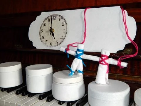 Doll handmade and retro objects composition 스톡 사진