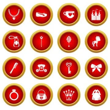 Doll princess items icon red circle set Stock Illustration