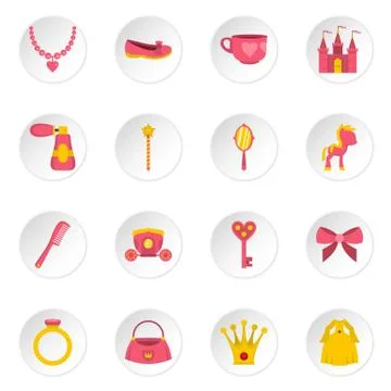 Doll princess items icons set in flat style Stock Illustration