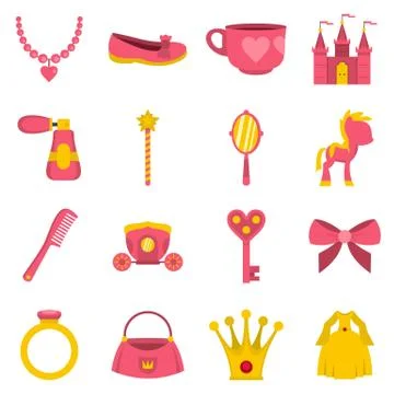 Doll princess items icons set in flat style イラスト素材