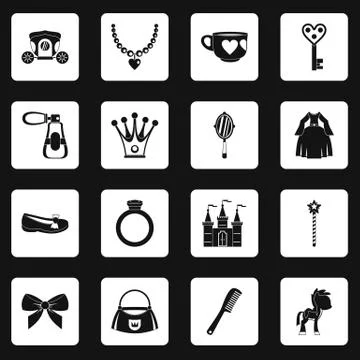 Doll princess items icons set squares vector Stock Illustration
