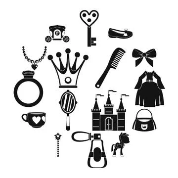 Doll princess items icons set, simple style Stock Illustration