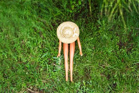 A doll with a straw hat sitting on the grass in a top view Stock Photos