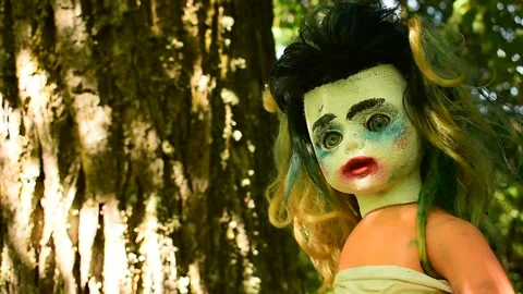 Doll in the woods next to a big tree Stock Footage 135386829