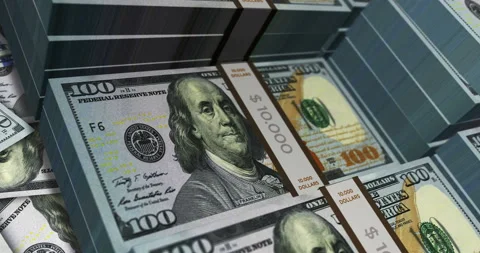 Dollar 100 banknote packs - flying over USD money stack Stock Footage 200874653