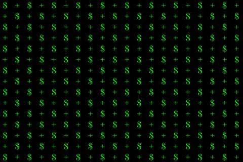 Dollar and plus sign pattern on black background Illustrazione stock