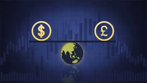 Dollar and Pound are balancing above the Earth on the dark blue background with Stock Footage 77438103