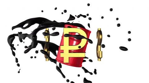 Dollar and ruble-rouble rotate around the red barrel of petroleum with splash Stock Footage 64129061